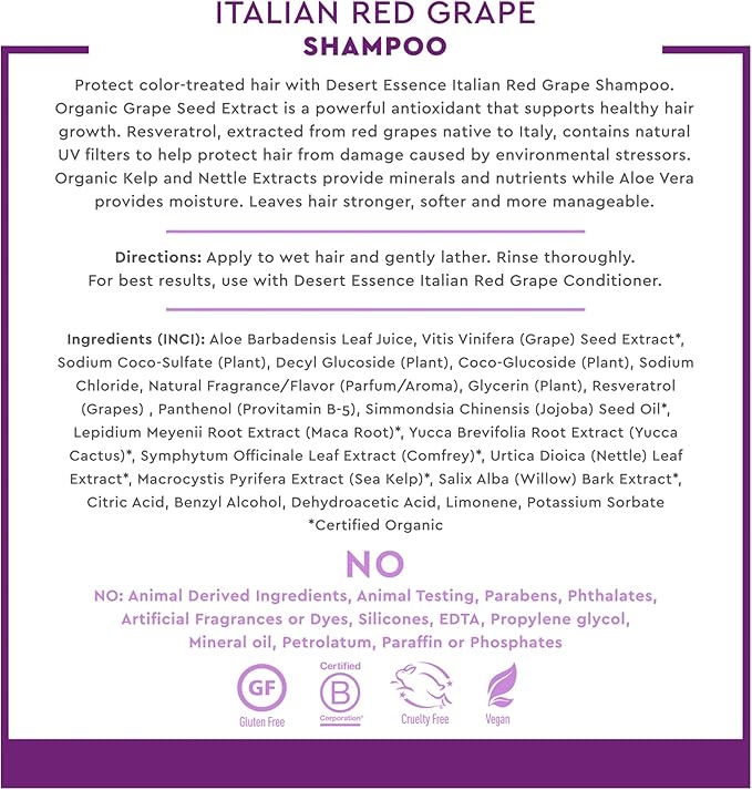 Desert Essence, Italian Red Grape Shampoo, 8.0 fl. Oz. - Gluten Free - Vegan - Cruelty Free - Moisturizing Shampoo - UV Protection - Color Treated Hair