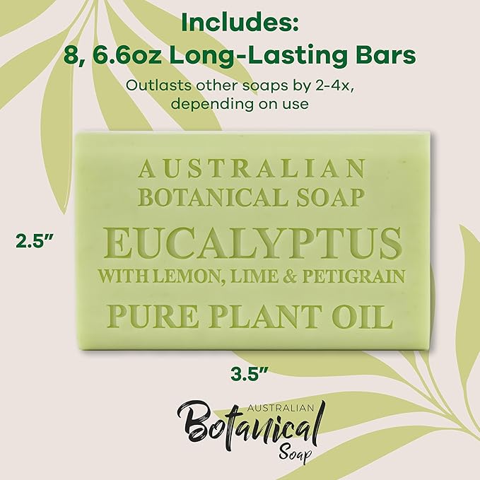 Australian Botanical Soap, 6.6 OZ, Eucalyptus, Lemon, Lime, and Petitgrain, Triple Milled Bars made with a Natural Soap Base and Enriched with Organic Shea Butter, Pack of 8