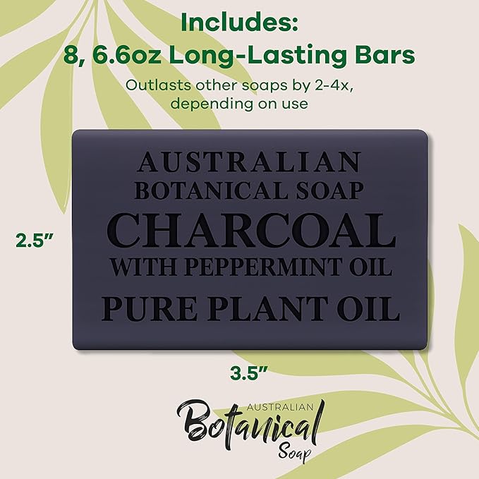 Australian Botanical African Black Soap with Activated Charcoal and Peppermint Oil 6.6 oz, Pack of 8 Activated Charcoal Soap with Raw Organic Shea Butter, for All Skin Types