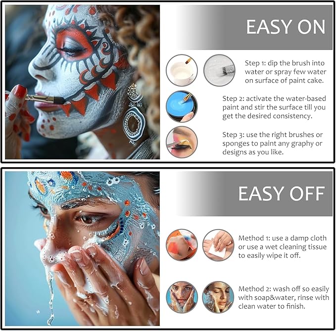 Black + White Face Body Paint, Water-Based Face Painting Kit Professional, Large Capacity SFX Makeup Set with brush & Powder puff, Sponge for Halloween Makeup Clown, Cosplay, Stage, Art Theater