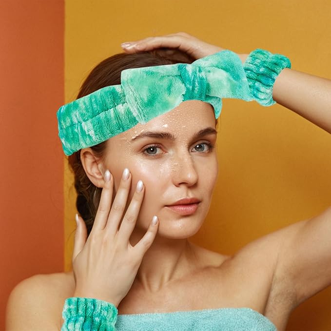 7 Pcs Spa Set, Facial Headband and Wristband Set, Skincare Accessories, College Style Girl Gift, Hair Accessories for Women and Girls（Tie Dye Green）
