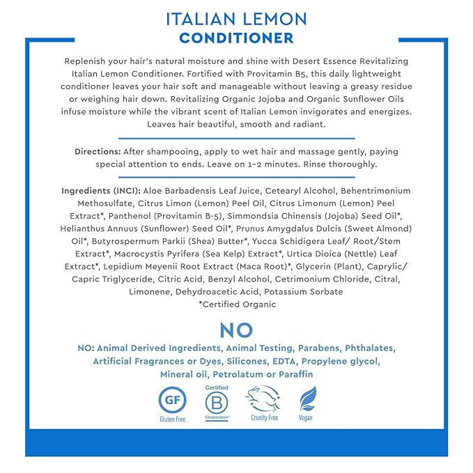 Desert Essence Italian Lemon Conditioner - 8 Fl Oz - Revitalizing Hair Detangler - Adds Volume - Shine - Strength - Scented - Certified Organic - Aloe Vera - Vitamin B5 - Cruelty Free - No Parabens