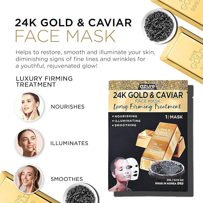 Azure Cosmetics 24K Gold, Caviar, Vitamin C, Hyaluronic Acid, Retinol & Collagen Anti-Aging Face Mask - Ultimate Variety Pack of 20 - Dermatologist Tested - Hydrating & Firming - Korean Skin Care