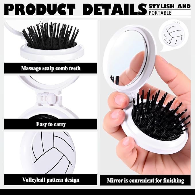 24 Set Volleyball Gifts for Team Bulk Volleyball Compact Mirror Brush With Ribbons for Volleyball Gifts for Teen Girls Mini Travel Hair Brush for Volleyball Party Favors Volleyball Hair Accessories