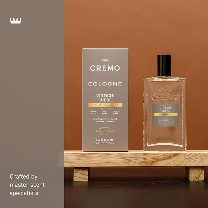 Cremo Cologne for Men - Vintage Suede Mens Cologne Spray- A Combination of White Moss, Rich Amber, and Smooth Suede, Fragrances For Men, 3.4 Fl Oz