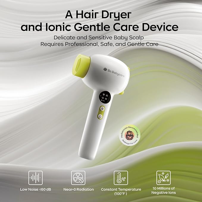 Bc Babycare Gentle Cordless Hair Dryer for Baby and Kids, Quiet Portable Mini Blow Dryer for Infant, Children Hair Dryer, Low Heat/Speed with 4 Model for Hair Diaper and Full Body (Green)