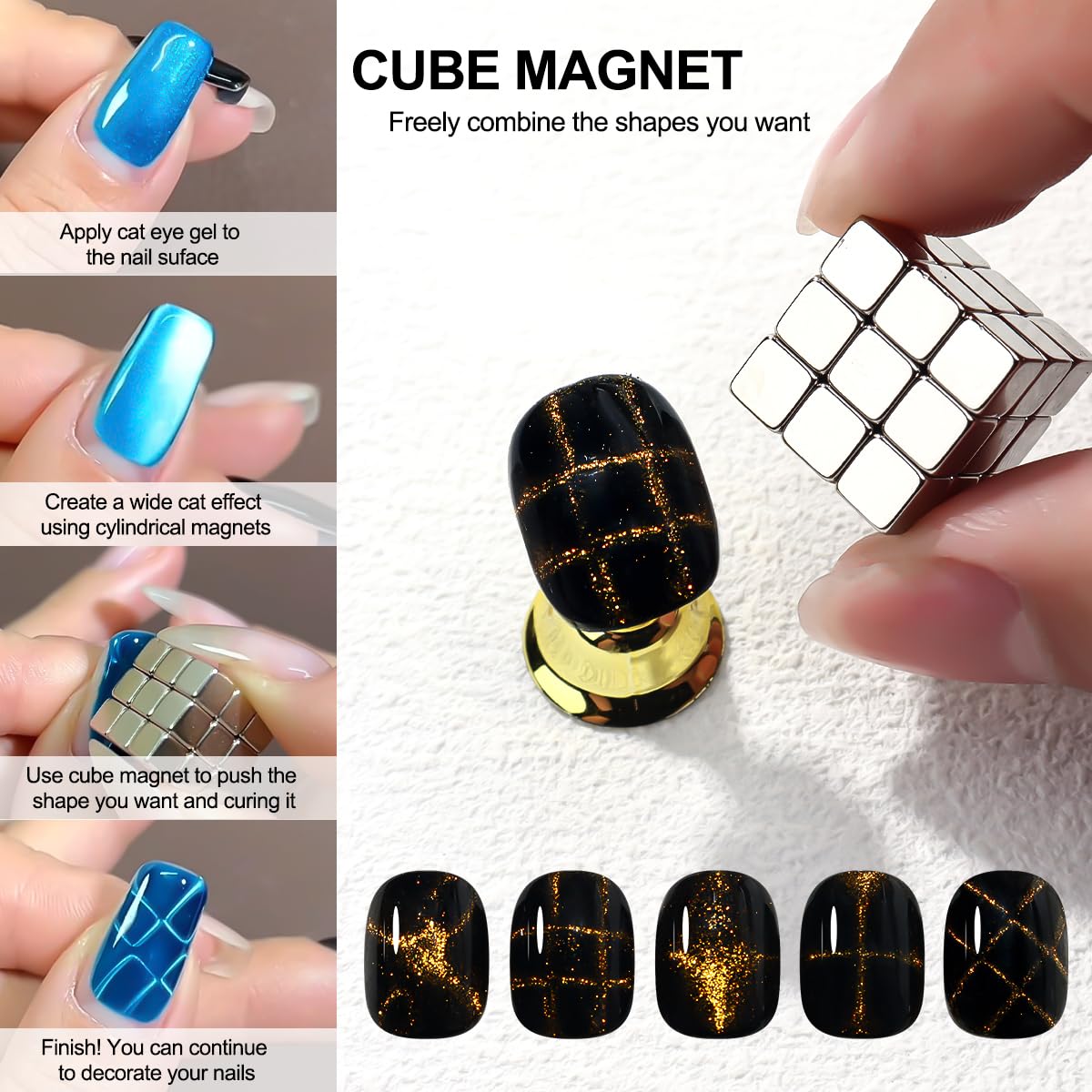 59 Pcs Nail Magnet Tool Set,3D Cat Eye Gel Painting Nails Art Strong Magnetic Wand, Multi-function Cube Magnets Round Magnet Beads Nail Design Tools for Glitter Cat Eye Effect DIY Accessories