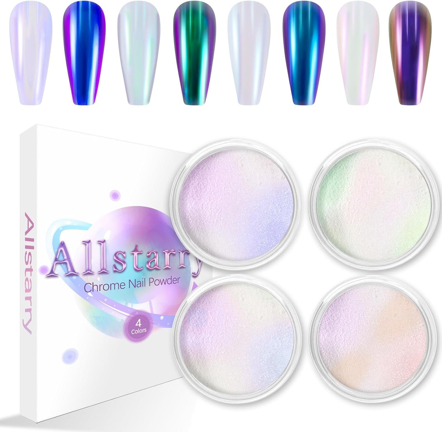 Allstarry White Chrome Nail Powder, 4 PCS Color-Shift Chameleon Chrome Effect Powder Neon Aurora Glitter Dust Iridescent Pearlescent Pearl Pigment for Nail Art Decoration, Gel Polish, Resin Craft