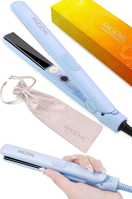 ANGENIL Pro Titanium Flat Iron Hair Straightener and Curler 2 in 1, Dual Voltage - Hair Straightening Ceramic Flat Iron 1-inch (0.7 inch-Blue)