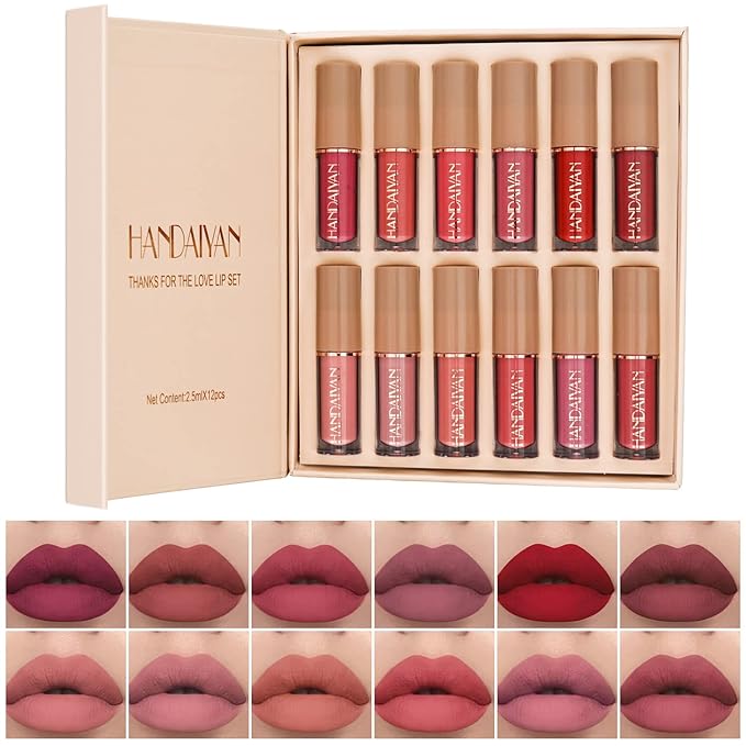 12 Colors Book Style Velvet Matte Liquid Lipstick Christmas Gift Set Long-Lasting Non-Stick Cup Not Fade Shimmer Nude Lip Gloss Thanks For the Love Lip Set (Set B)