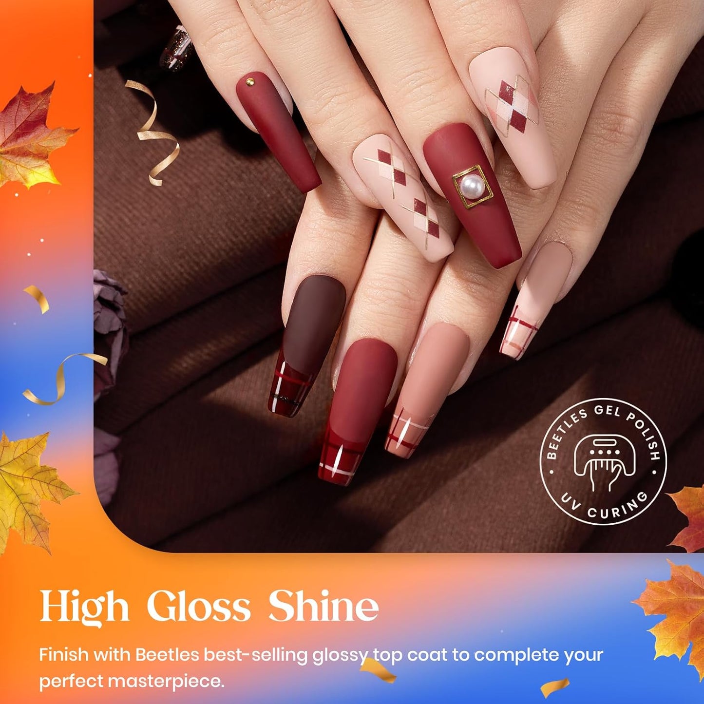 Beetles Fall Gel Polish Set Dark Brown Gel Nail Polish 6 Colors Glitter Burgundy Red Gold Black Sparkle Nail Kit Soak Off Led Manicure DIY Home Salon Gifts for Girls Women Academia Aesthetic