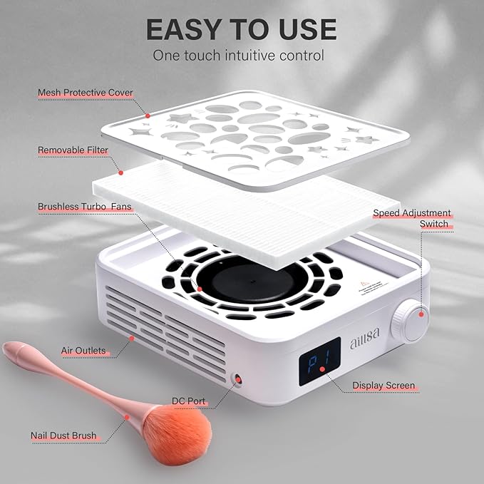 Aillsa Nail Dust Collector: Professional Powerful Suction Dust Collector Nail Tech Adjustable Speed with LED Display & Brush & Filter Paper Dust Collector for Manicure Salon & Home Use（White）
