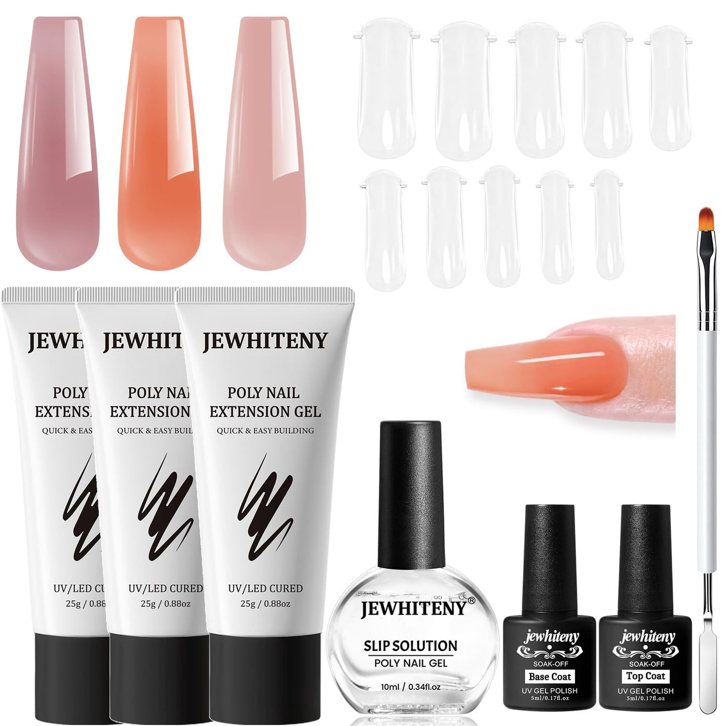 JEWHITENY Poly Extension Gel Nail Set Clear Pink Poly Nail Gel With Slip Solution Base Coat Top Coat French Manicure Need U V Lamp Curing for Finger Art and Home DIY