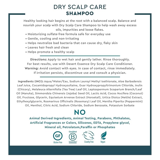 Desert Essence Dry Scalp Care Shampoo, Cleanse and Hydrate Hair and Scalp, Fights Flakes, Improves Hair Volume, Strength and Texture, 8 Fl. Oz. Bottle