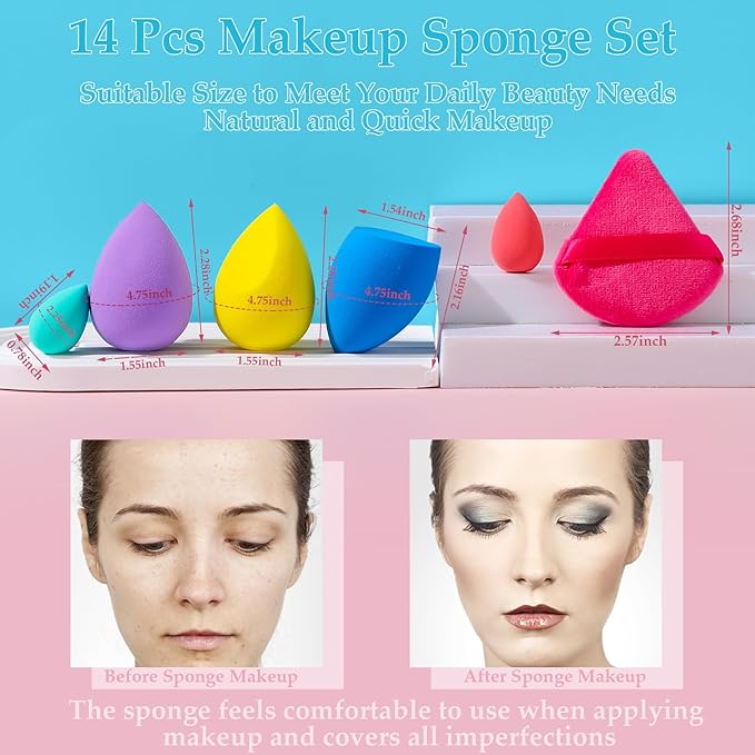 14 Pcs Makeup Sponge Beauty Sponges Blender with 4 Pcs Powder Puff and 4 Pcs Mini Make up Sponges for Liquid,Foundation,Powder,Concealer,Cream