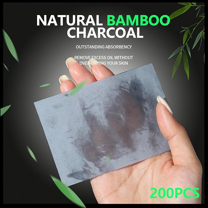 Blotting Paper for Oily Skin, Natural Bamboo Charcoal Blotting Paper, Oil Blotting Sheets for Face, 100 * 70MM Large Oil Absorbing Sheets Makeup Face Tissues, 200 Counts