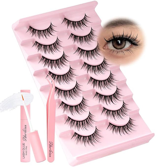 Ahrikiss Manga Lashes Wet Look Wispy Anime False Eyelashes 8 Pairs Faux Mink Lashes Kit with Lash Glue and Lash Tweezers Soft Fake Lashes Spiky Strip Lashes Look Like Individual Lashes (Clammy)