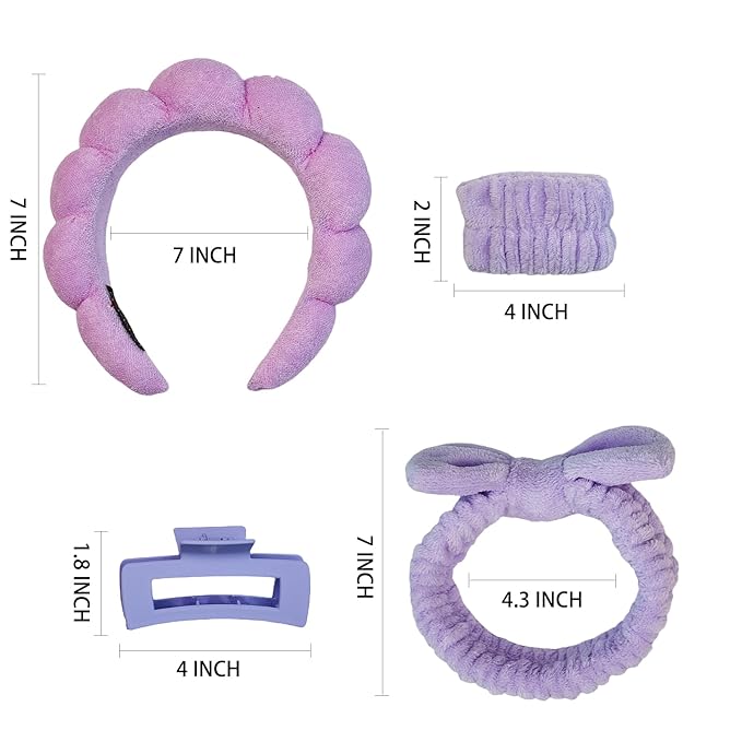 7 Pcs Spa Set, Facial Headband and Wristband Set, Skincare Accessories, College Style Girl Gift, Hair Accessories for Women and Girls (Purple)