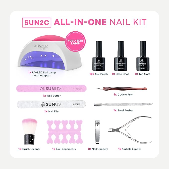 SUNUV Gel Nail Polish Kit with UV Light for Nails SUN2C 16 Colors Gel Polish Sets, Base and Top Coat with 8 PCS Manicure Tools Gift for Women