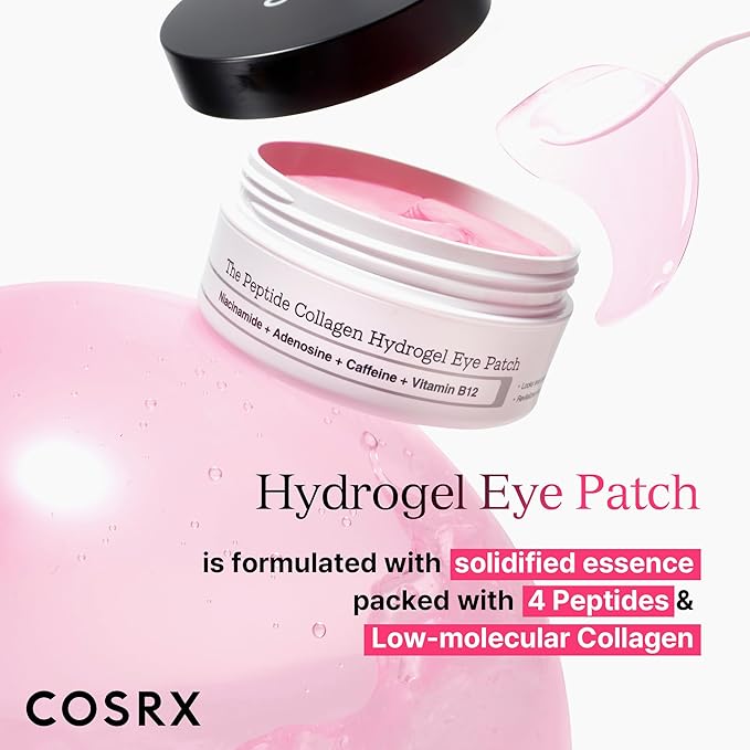 COSRX Pink Peptides Collagen Hydrogel Eye Patch for Puffy Eyes and Dark Circles, Under Eye Mask, 60 Under Eye Patches, Korean Skin Care
