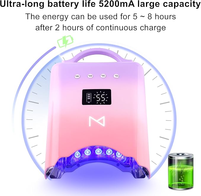 M - NEO Cordless & Rechargeable Nail Curing Lamp 78W with 4 LCD Time Display Timer, Auto Sensor, and Spacious Interior for All Hand Sizes and Nail Lengths (Violet)