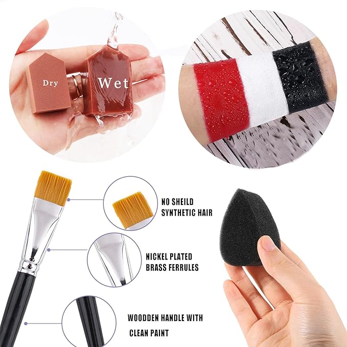 Black + White + Red Face Body Paint, Water-Based Face Painting Kit Professional, Large Capacity SFX Makeup Set with brush & Powder puff, Sponge for Halloween Makeup Clown, Cosplay, Stage