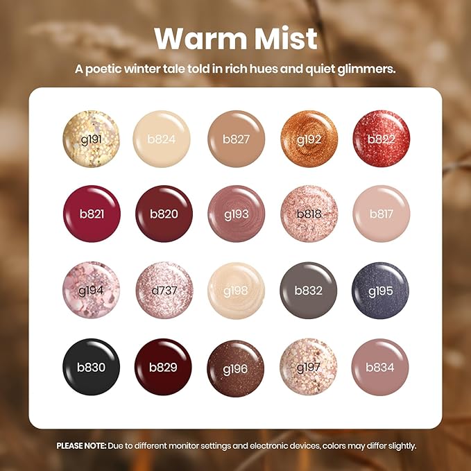 Beetles Gel Nail Polish Set - 20 Colors Warm Mist Fall Gel Nail Kit Burgundy Brown Nude Gold Glitter Gray Shimmer Soak Off Long Lasting with Base & Top Coat Home DIY Salon Nail Art Gift Set for Women