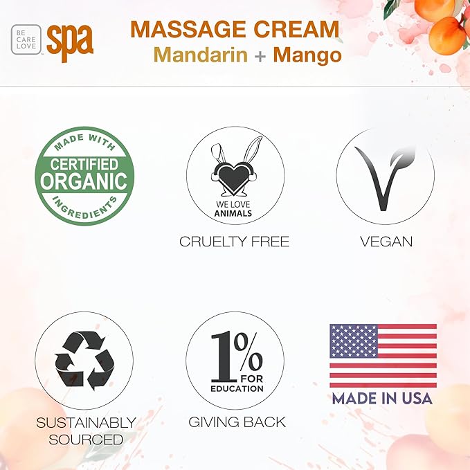 BCL SPA Massage Cream organic Mandarin + Mango body lotion with shea butter, aloe vera, peppermint, argan and jojoba oils, body cream to invigorate, hydrate and soften the skin. Home/Pro use 16 fl oz