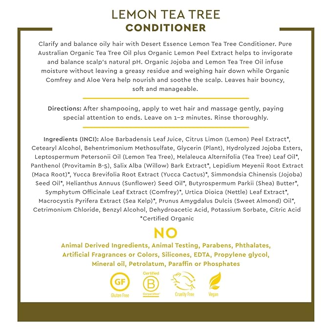 Desert Essence Conditioner, Lemon Tea Tree, Clarifying Provitamin B5, Organic Lemon Peel Extract & Nourishing Aloe - Purifying, Moisturizing, Soothing - Vegan, Sulfate-Free, Cruelty-Free - 8oz
