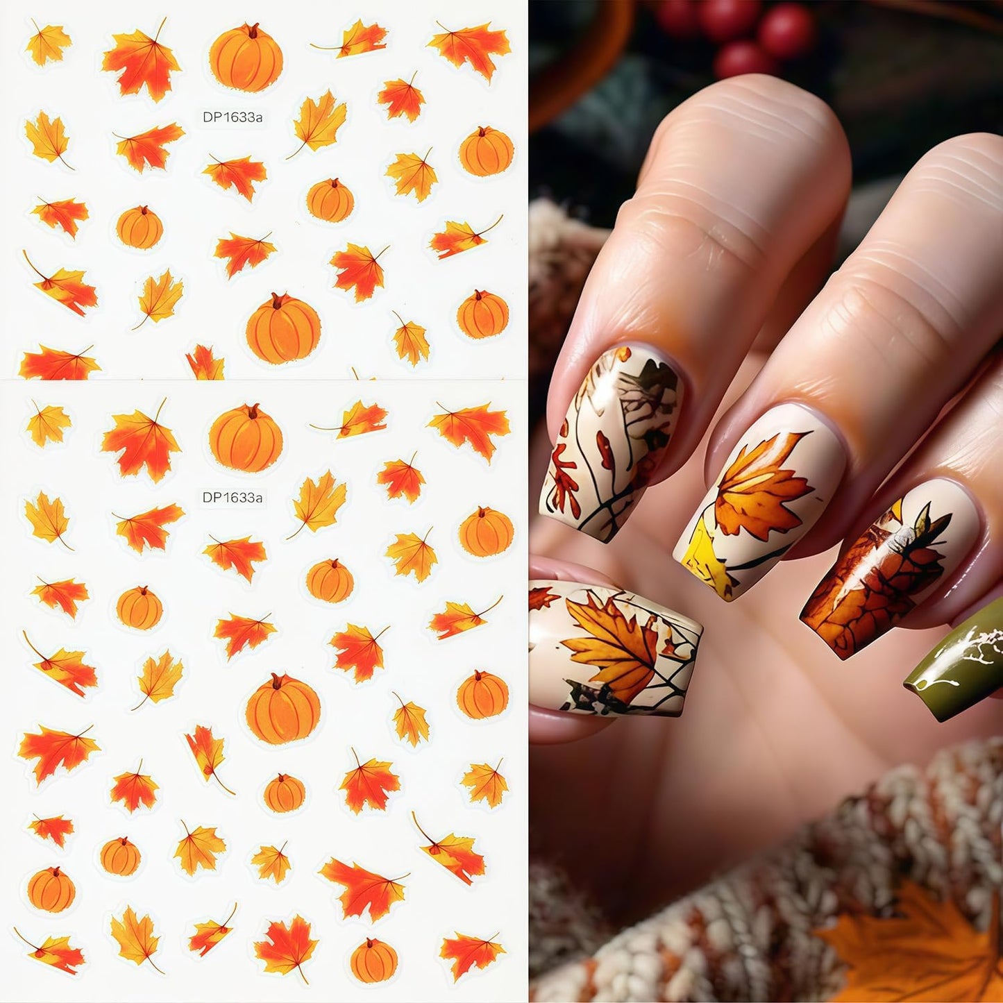 6 Sheets Autumn Nail Art Stickers Fall Maple Leaves Nail Stickers 3D Self-Adhesive Thanksgiving Pumpkin Pattern Nails Sticker Fall Glitter Leaf Nail Decals Holiday DIY Nails Manicure for Women