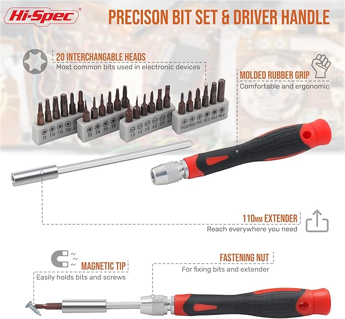 Hi-Spec 38pcs Electronics Repair Tool Kit, Precision Screwdriver Set Magnetic, Computer Screwdriver Kit, PC Building Tool Kit for Laptop, Tablet, DIY and Repair work