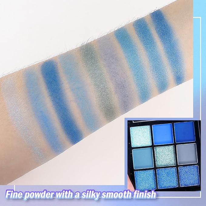 9 Colors Blue Smoky Matte Shimmer Eyeshadow Palette with Mirror for Eye Makeup,High Pigmented Eye Shadow Primers Powder Palet de sombras de ojos