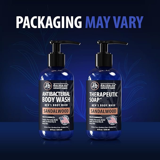 Derma-Nu Men's Body Wash – Bold & Woody Sandalwood Scent Antibacterial Body Wash for Jock Itch, Athlete’s Foot, Eczema & Back Acne – Antibacterial Soap for Men – Safe for All Skin Types – (8oz)