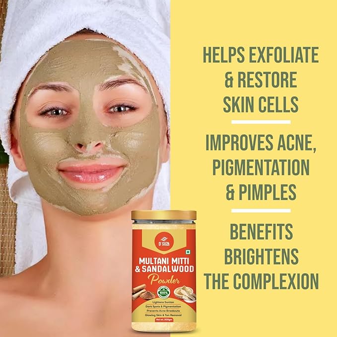 D'SUZA Fuller's Earth Powder, 11 Oz, 0.66 lb, Indian Healing Clay, Bentonite Clay, Natural Face Pack (11 Oz, Multani Mitti & Sandalwood Powder)