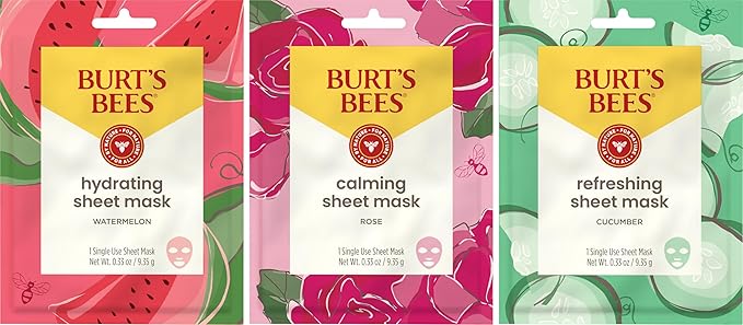 Burt's Bees Back To School Gift Ideas, Face Mask Bundle, Hydrating Watermelon, Calming Rose, & Refreshing Cucumber, Face Sheet Masks for Single Use Skin Care, 99% Natural Origin, 3 Count, 0.33oz Each