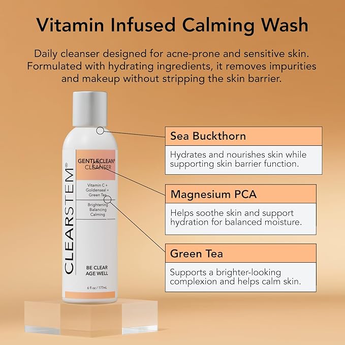 CLEARSTEM - GENTLECLEAN Vitamin C Infused Calming Wash - Facial Cleanser, Makeup Remover - Goldenseal + Green Tea - Facial Skin Care Products - Gluten Free, Cruelty Free - 6 fl oz / 207ml