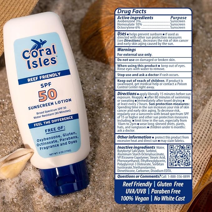 Sunscreen SPF 50 | Hawaii Compliant as Reef Safe | Octinoxate & Oxybenzone Free | Broad Spectrum UVA/UVB Protection | Water Resistant 80 Min. | Fragrance Free | 6 Fl Oz Lotion