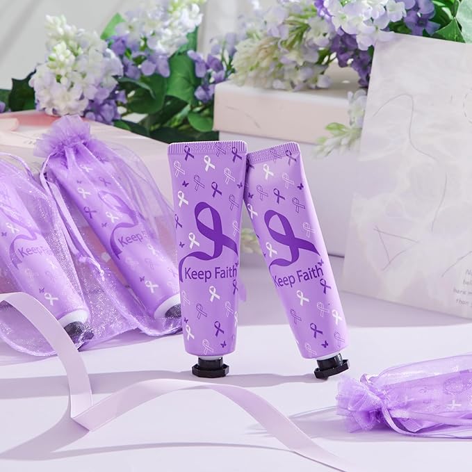 48 Sets Purple Ribbon Domestic Violence Alzheimers Pancreatic Cancer Epilepsy Awareness Hand Cream Gifts Bulk Baby Shower Hand Cream Travel Size Lotion Bulk Party Supplies Favors