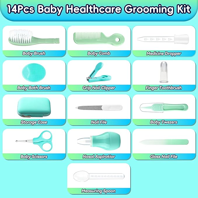 Baby Healthcare and Grooming Kit, 14 in 1 Baby Safety Set Newborn Nursery Health Care Set with Hair Brush Scale Nail Clippers for Baby Girls Boys(14 Kits Green)