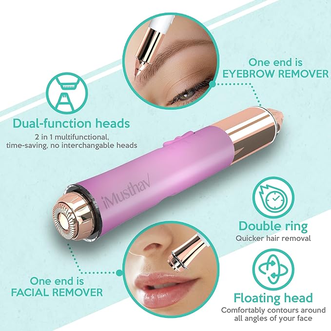 2 in 1 Eyebrow and Facial Hair Remover for Women Painless Flawless Electric Razor Epilator Trimmer Shaver with 18K Gold-Plated, USB Rechargeable, 360° LED for Eyebrow and Face Hair Removal