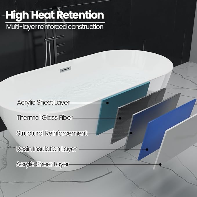 59 Inch Acrylic Freestanding Bathtub - Elegant Deep Soaking Stand Alone Tub with Chrome Drain, Perfect for Main Bathrooms,Flora White