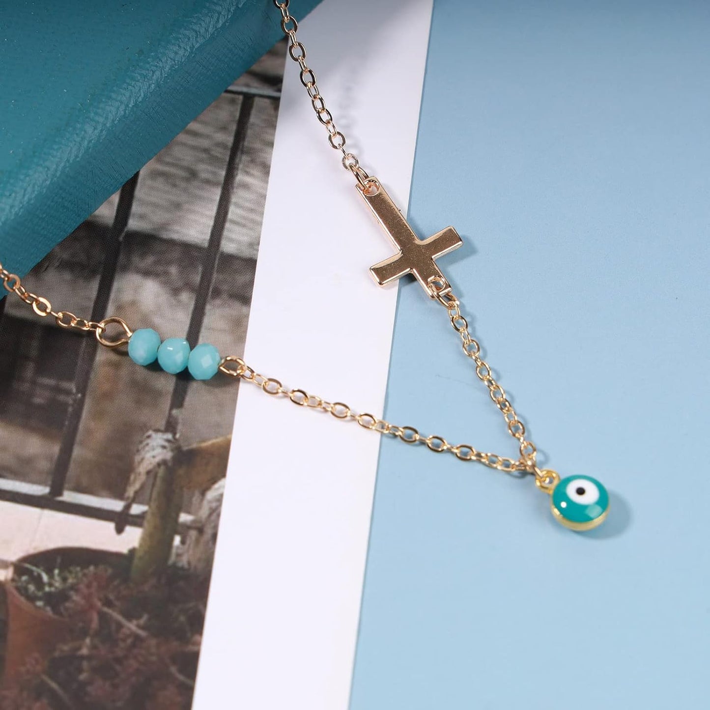 Boho Evil Eye Necklace Exquisite Cross Necklace Blue Rhinestones Choker Gold Chain Drop Evil Eye Pendant Wedding Necklace Charm Fashion Jewelry Gift for Women and Girls