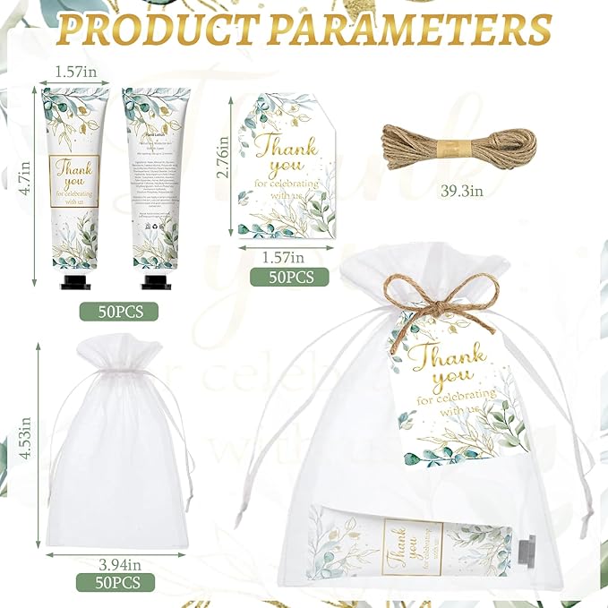 50 Sets Greenery Baby Shower Hand Cream Bulk Gifts, Wedding Bridal and Baby Shower Party Favors for Guests,Travel Size Hand Lotion Set with Thank You Card and Organza Gift Bags(greenery)