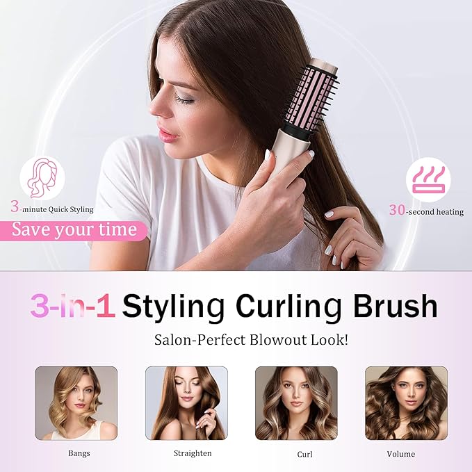 Cordless Hair Curling Iron Brush, Travel Curl Brush, 3-in-1 Portable Curling Iron Cordless, Plasma Thermal Hair Brush, 7000mAh USB Rechargeable Curling Wand, Mini Hot Curlings Brush-Blush Pink