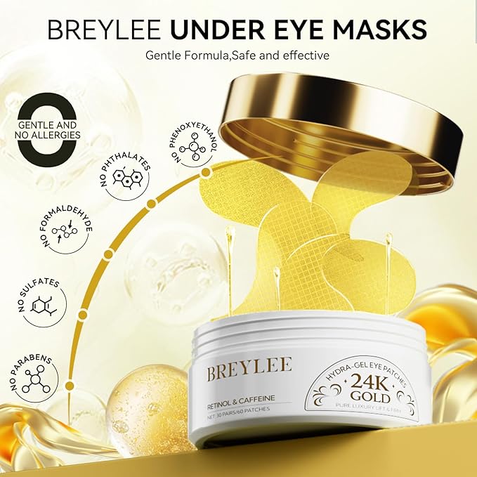 BREYLEE 24K Gold Eye Masks - 60 Pcs, Retinol & Caffeine Under Eye Patches for Reduce Fine Lines & Wrinkles, Puffy Eyes and Dark Circles Treatments, Improve and Firm Eye Skin