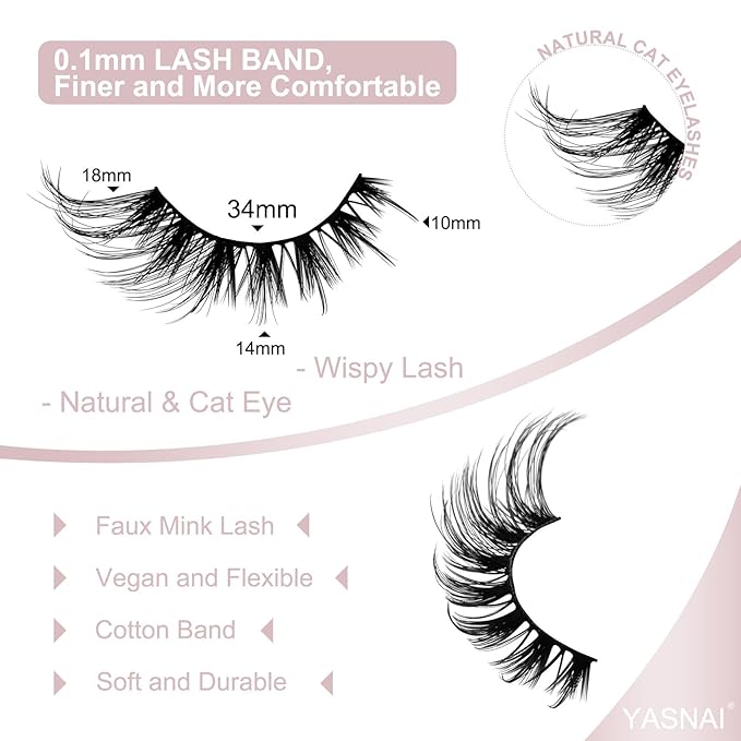 Cat Eye Lashes Wispy False Eyelashes Yasnai Volume Thick Lashes Strips Lashes Fake Lashes Natural Eyelashes 9 Pairs Pack