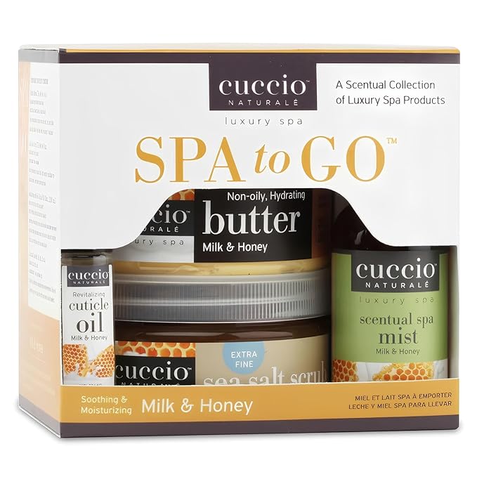 Cuccio 4 Piece Spa To Go Kit – Milk & Honey – Nourishing Skincare Set for Hydration and Softening