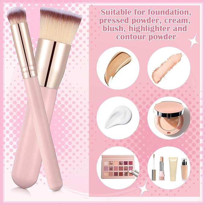 6Pcs Foundation Brush for Liquid Makeup,Liquid Foundation Brush with Makeup Sponge and Powder Puff for Foundation, Powder, Blush,Concealer(Pink)