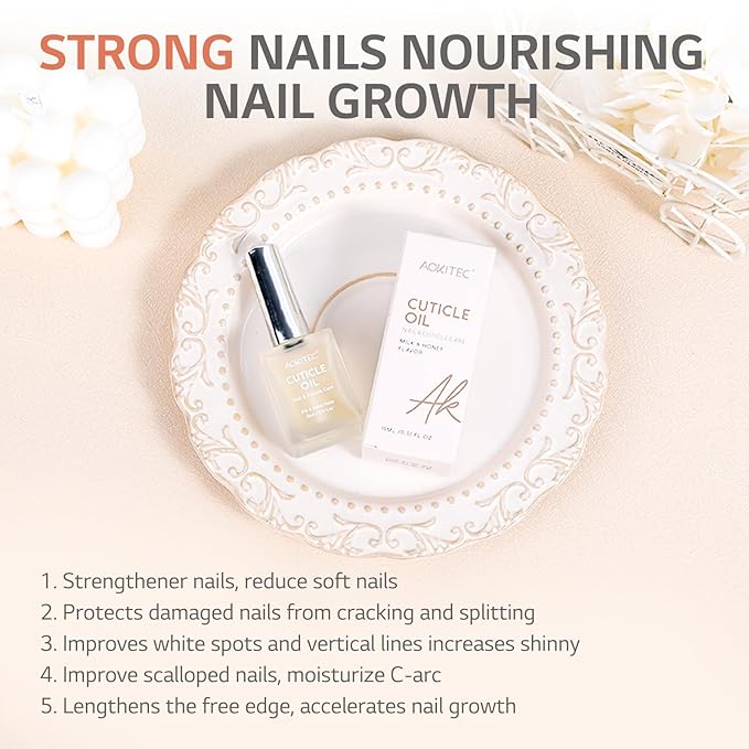 Aokitec Natural Cuticle Oil - Milk & Honey Flavor Cuticle Oil for Nail Growth and Strengthener with Vitamin E Repair Damaged Skin and Thin Nails Moisturizes Cuticle & Overnight Cuticle Softene