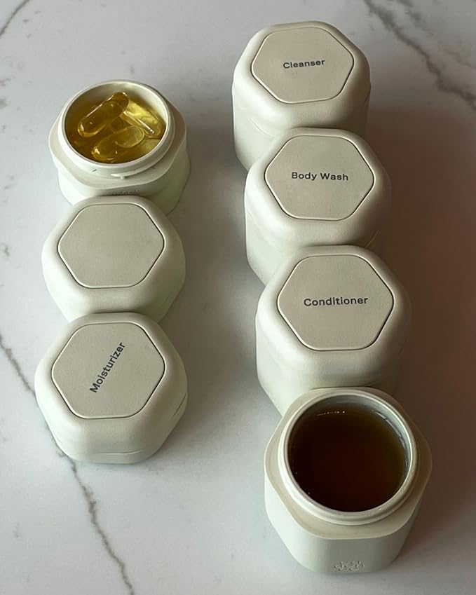Cadence Travel Containers - Daily Routine Capsule Set - Magnetic Containers with Lids,4 Flex Mediums (1.32oz) & 3 Flex Smalls (0.56oz) - Shampoo, Conditioner, Body Wash, Pills, & More - Sand